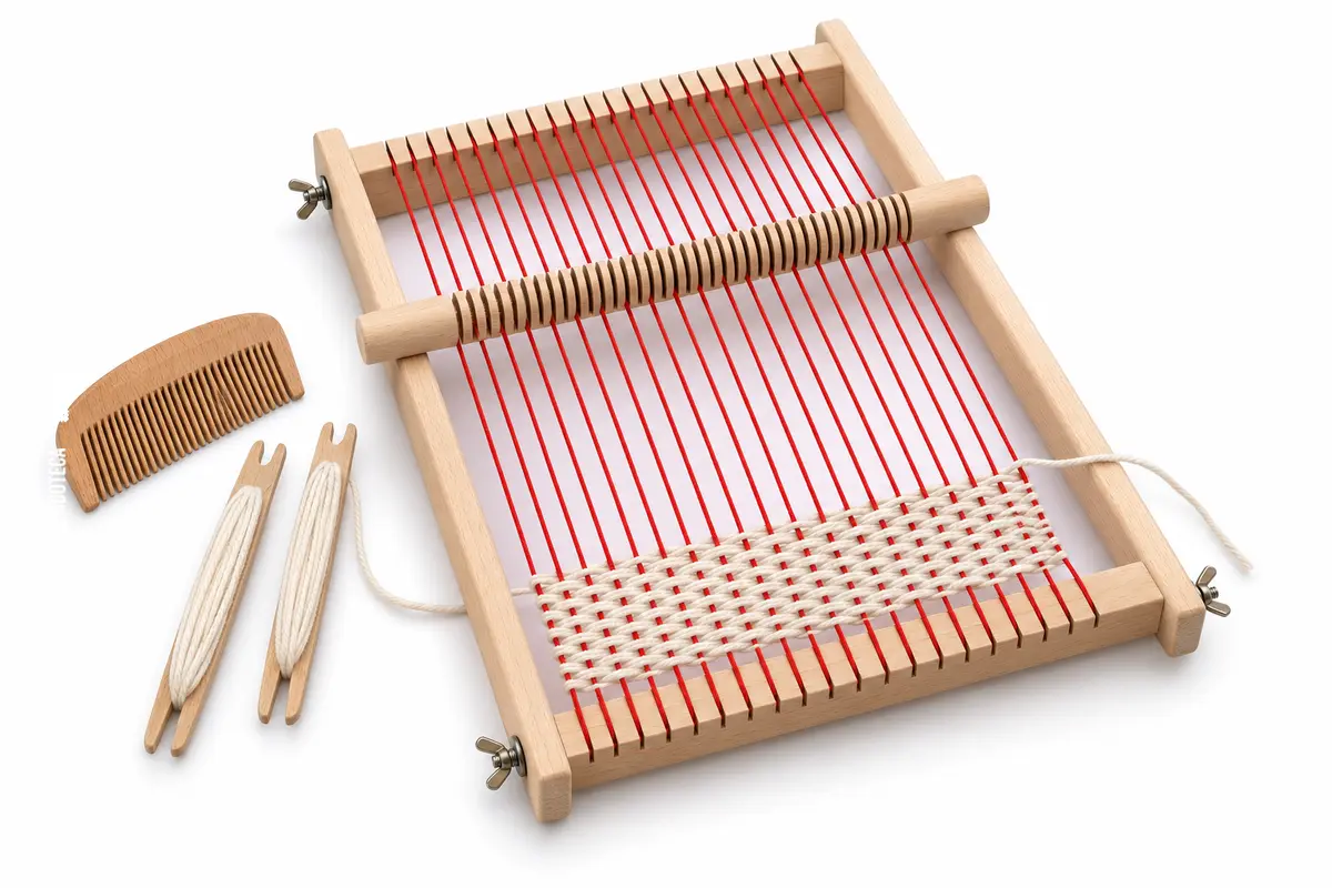 Telar de marco de madera con urdimbre roja simple y muestra de tafetán — TEJIDOTECA