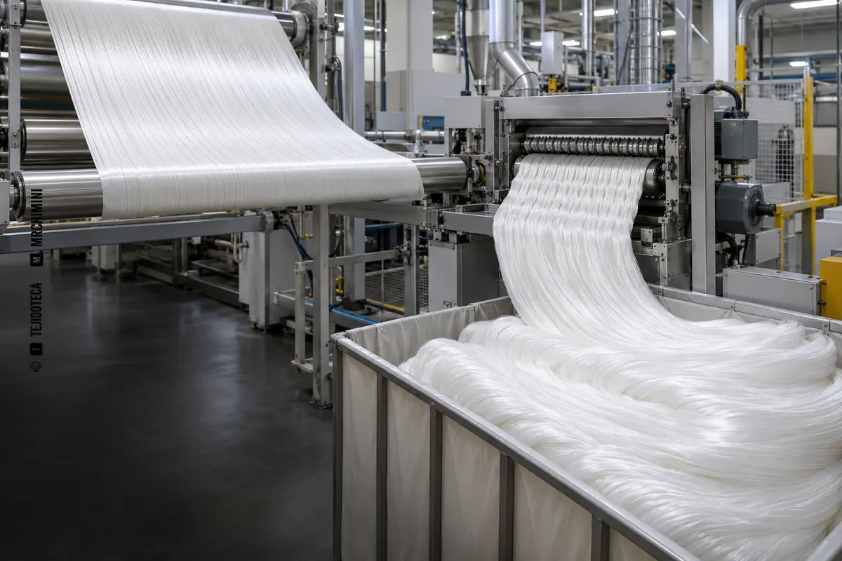 Gran haz paralelo de filamentos continuos sin torsión avanzando por una línea industrial textil genérica