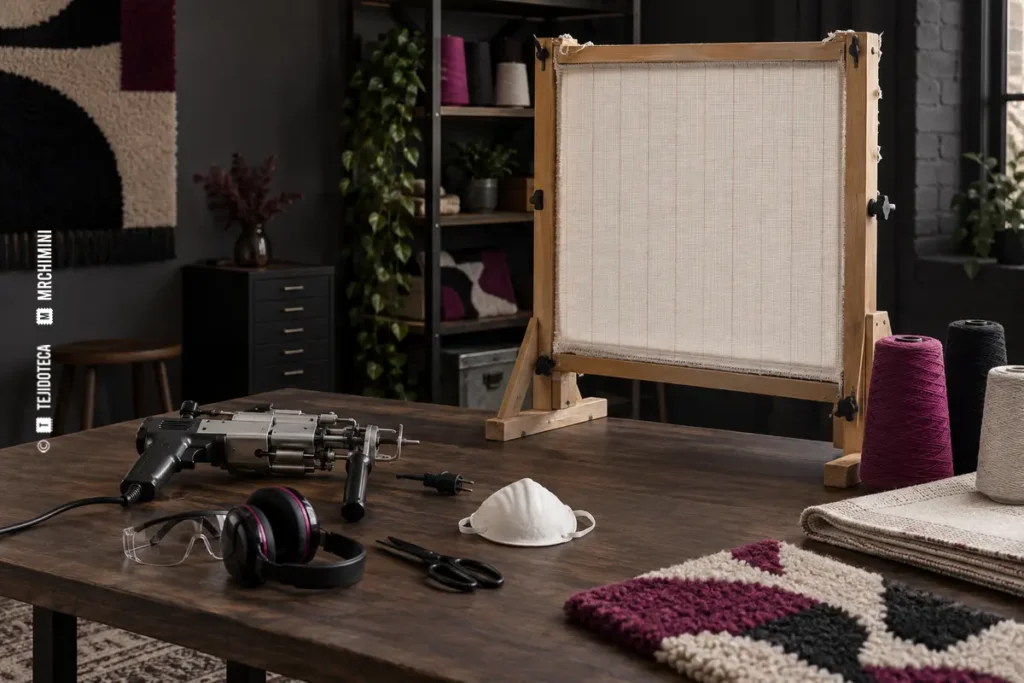 Puesto doméstico de tufting preparado con la máquina desconectada — TEJIDOTECA