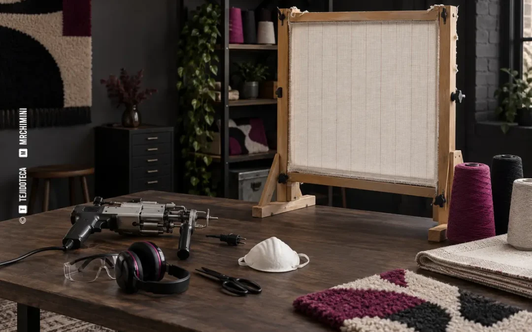 Puesto doméstico de tufting preparado con la máquina desconectada — TEJIDOTECA