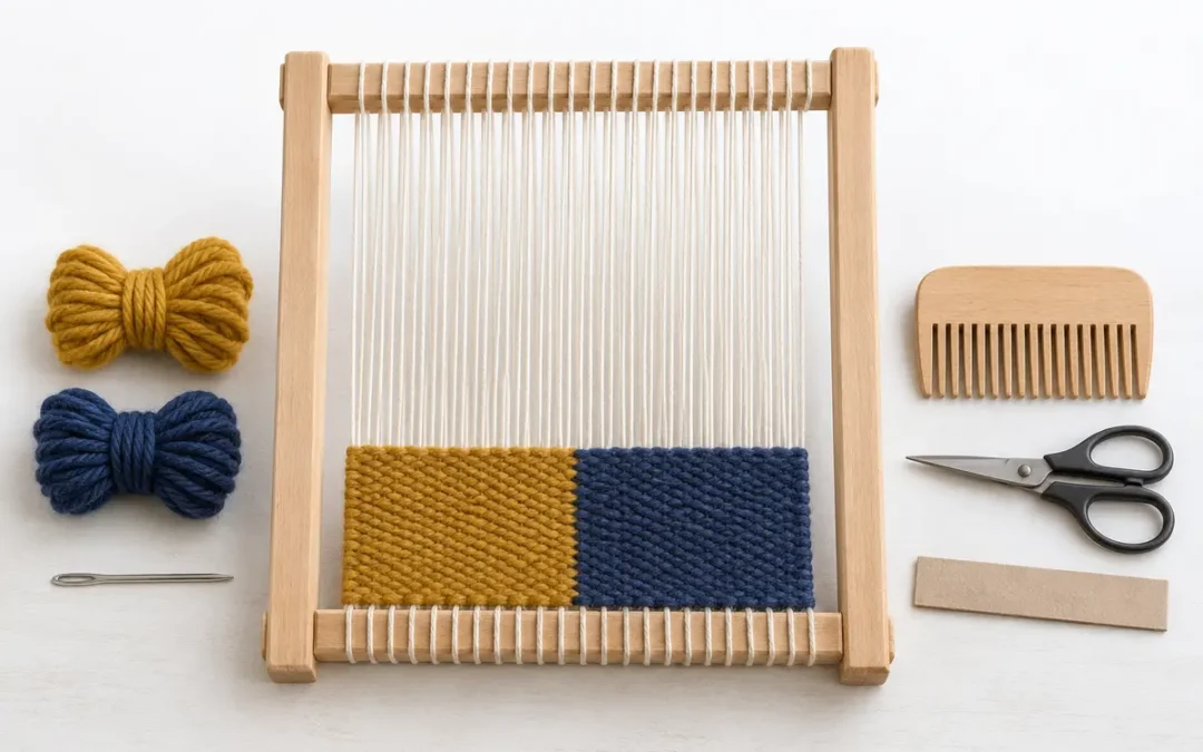 Materiales para tejer un tapiz bicolor en telar de marco; fotografía editorial ilustrativa generada con IA — TEJIDOTECA