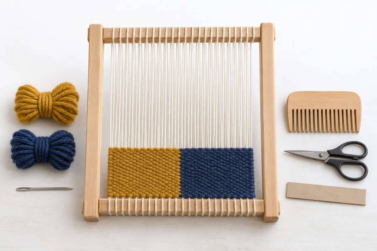 Materiales para tejer un tapiz bicolor en telar de marco; fotografía editorial ilustrativa generada con IA — TEJIDOTECA