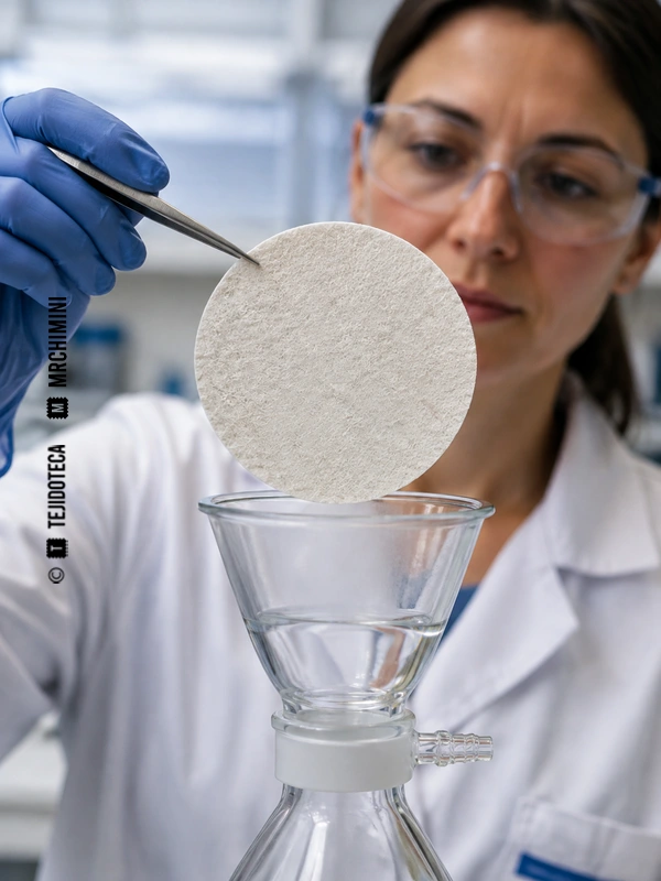 Técnica de laboratorio examinando un filtro circular de wetlaid