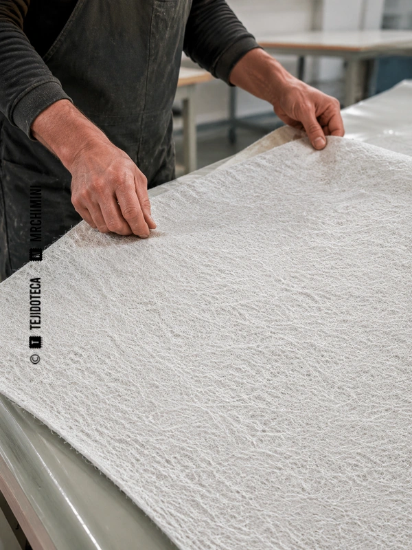 Trabajador colocando un velo superficial de wetlaid sobre un panel compuesto