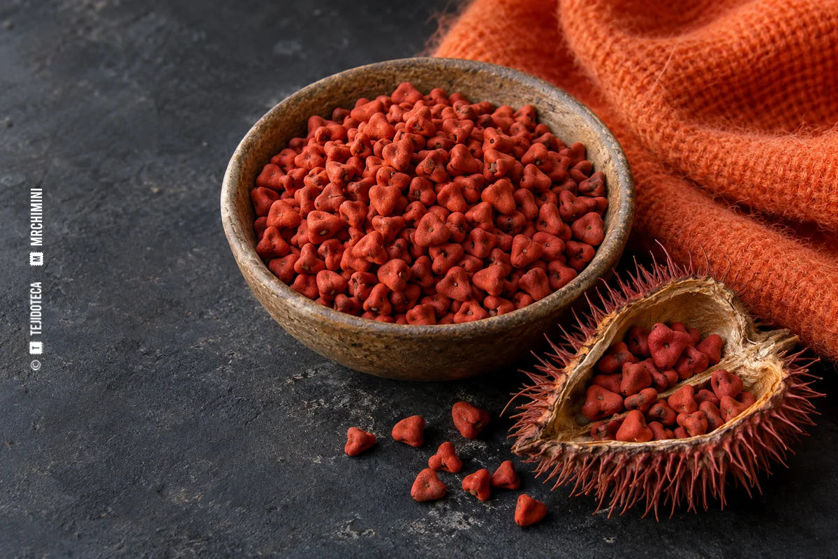 ACHIOTE · TEJIDOTECA Semillas de achiote y muestra textil naranja — TEJIDOTECA