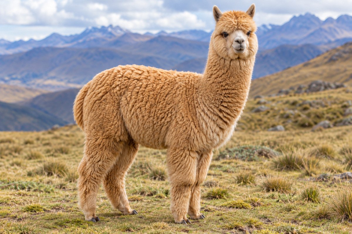 Alpaca huacaya de vellón color canela en un paisaje andino