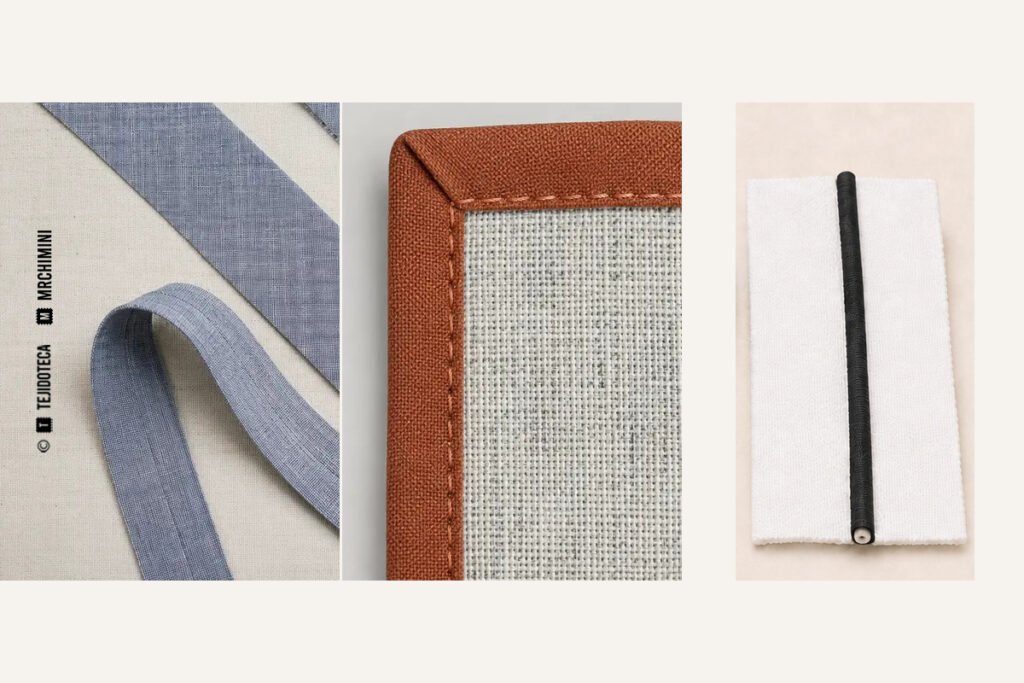 Montaje de recortes originales: tira al bies azul, ribete teja y vivo negro sobre tejido blanco