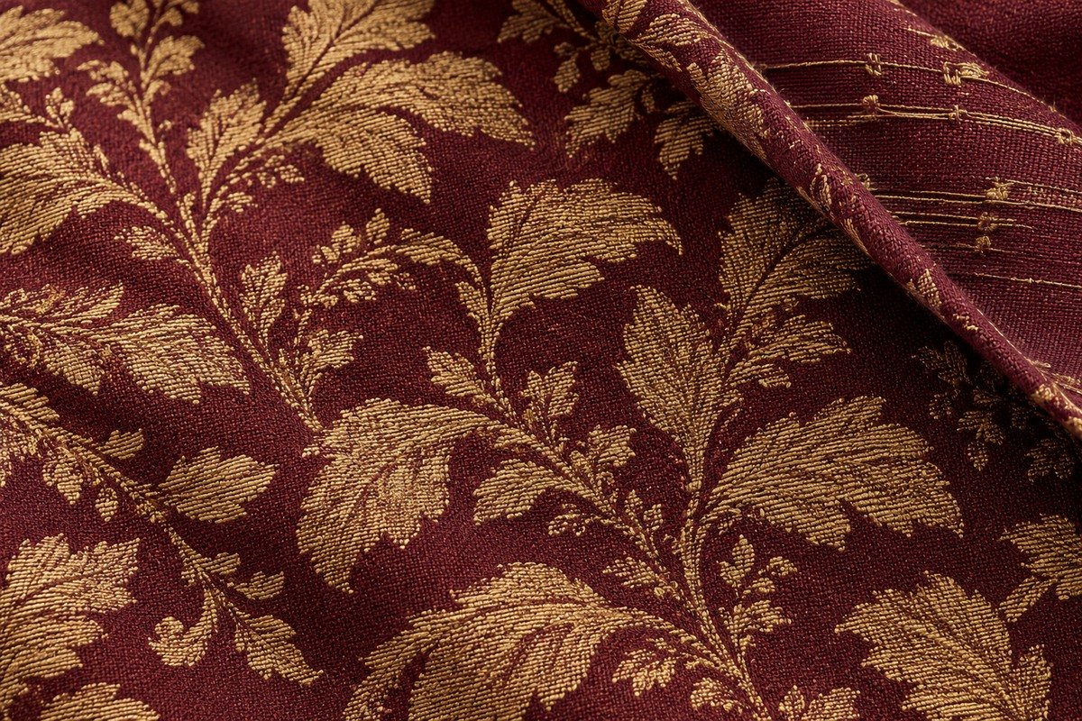 Macro de brocado burdeos con motivos dorados y esquina doblada que muestra las bastas de los hilos decorativos