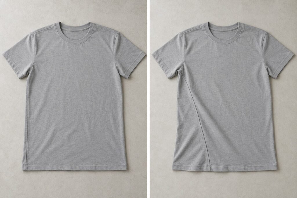 Dos camisetas grises en plano: costura lateral en el borde a la izquierda y desplazada hacia el delantero a la derecha