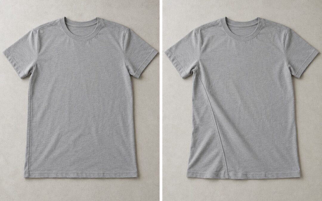 Dos camisetas grises en plano: costura lateral en el borde a la izquierda y desplazada hacia el delantero a la derecha