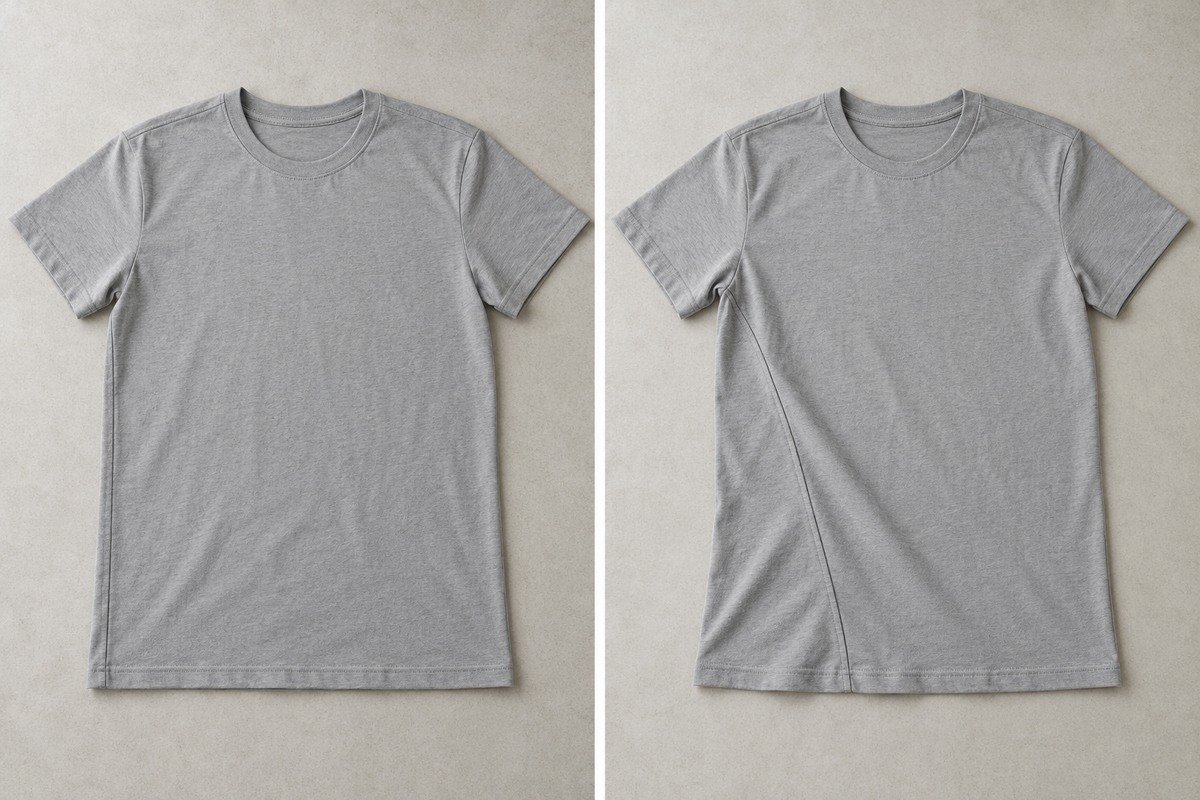 Dos camisetas grises en plano: costura lateral en el borde a la izquierda y desplazada hacia el delantero a la derecha