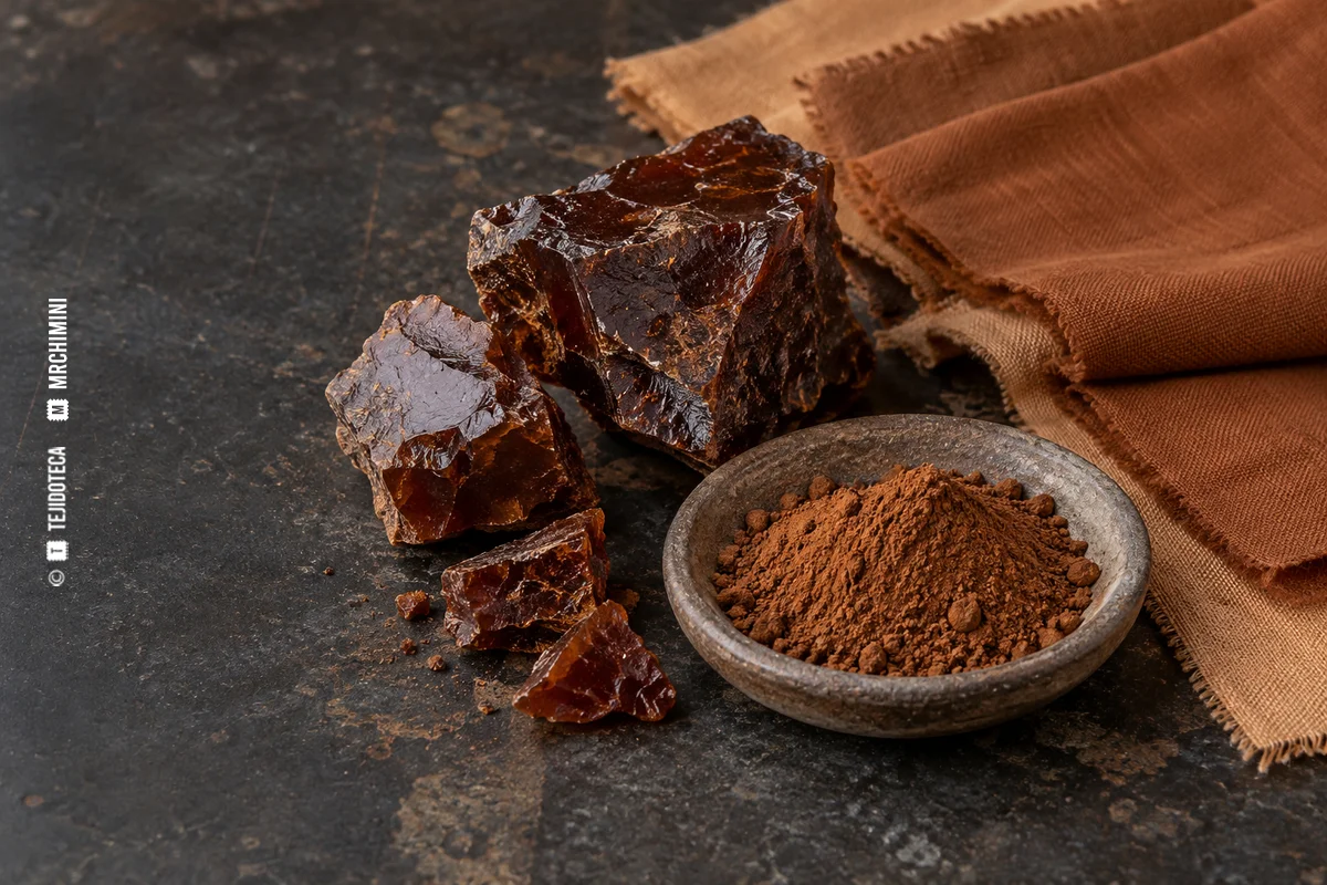 CATECÚ O CUTCH · TEJIDOTECA Extracto sólido y molido de catecú con muestras de algodón marrón — TEJIDOTECA