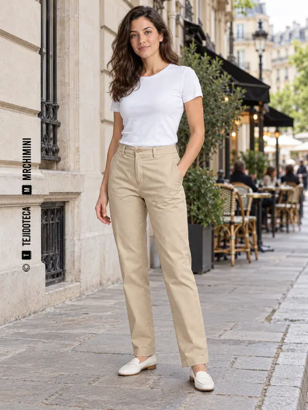 Modelo con pantalón chino beige de pierna recta en una escena urbana