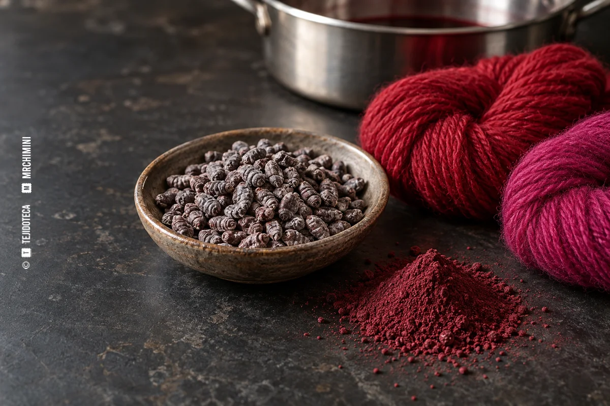 Cochinilla seca y molida con muestras de lana en tonos carmín y magenta — TEJIDOTECA