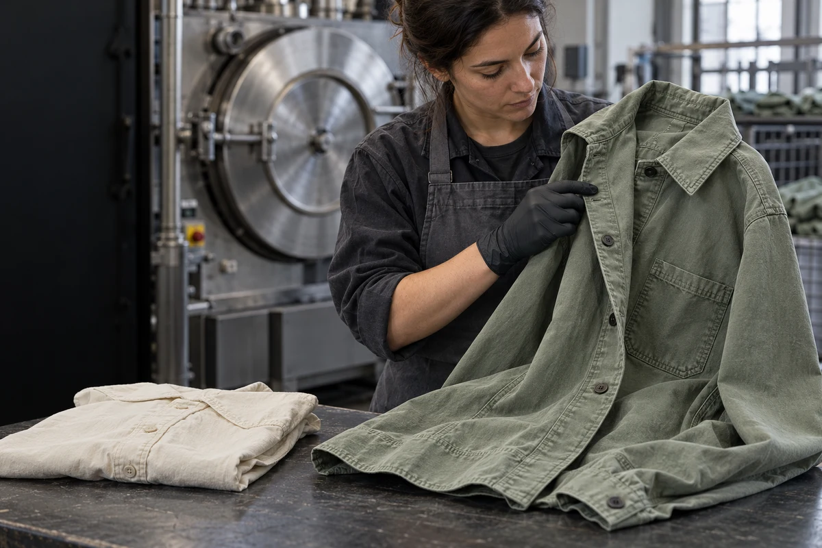 Imagen ilustrativa de revisión de una sobrecamisa de algodón teñida junto a una prenda preparada para teñir y una máquina de tambor