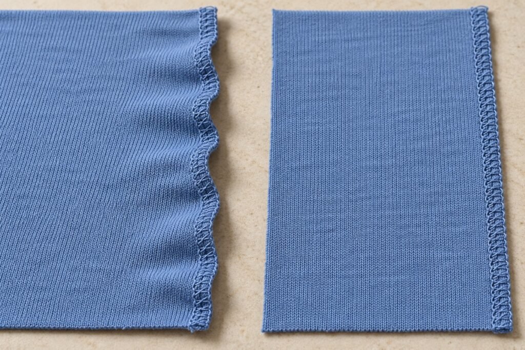 Dos muestras de punto azul: borde cosido con ondas a la izquierda y borde plano a la derecha