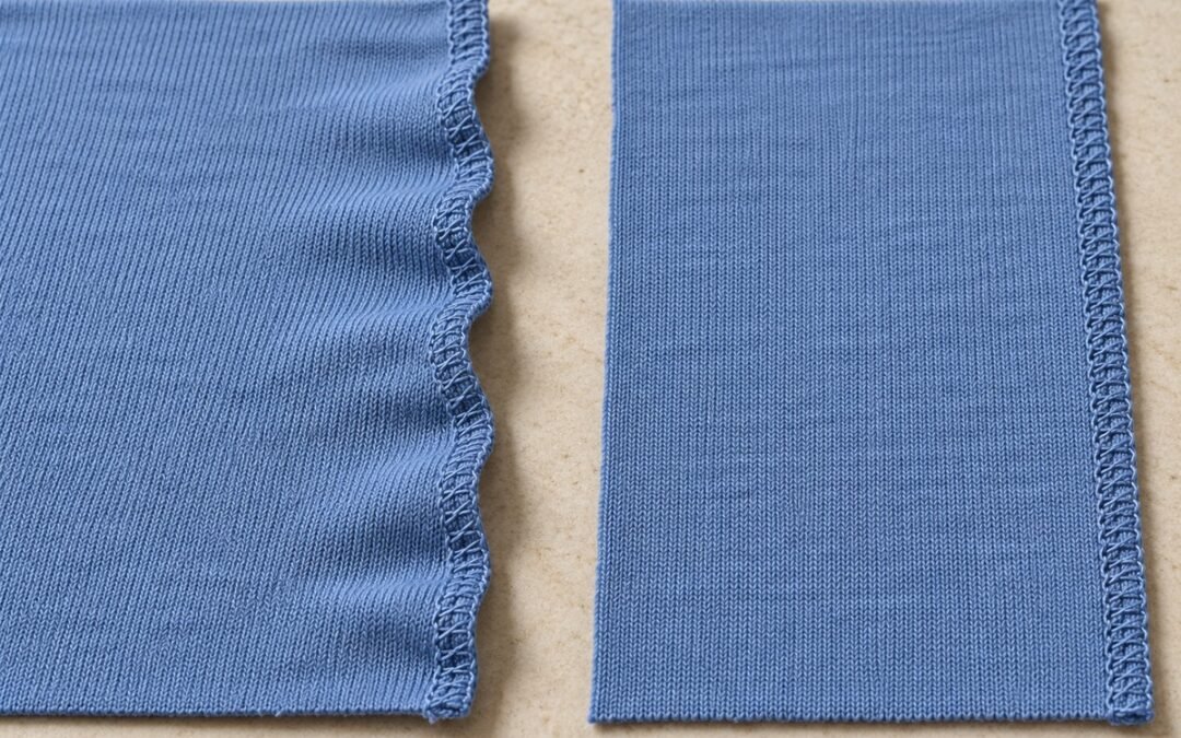 Dos muestras de punto azul: borde cosido con ondas a la izquierda y borde plano a la derecha