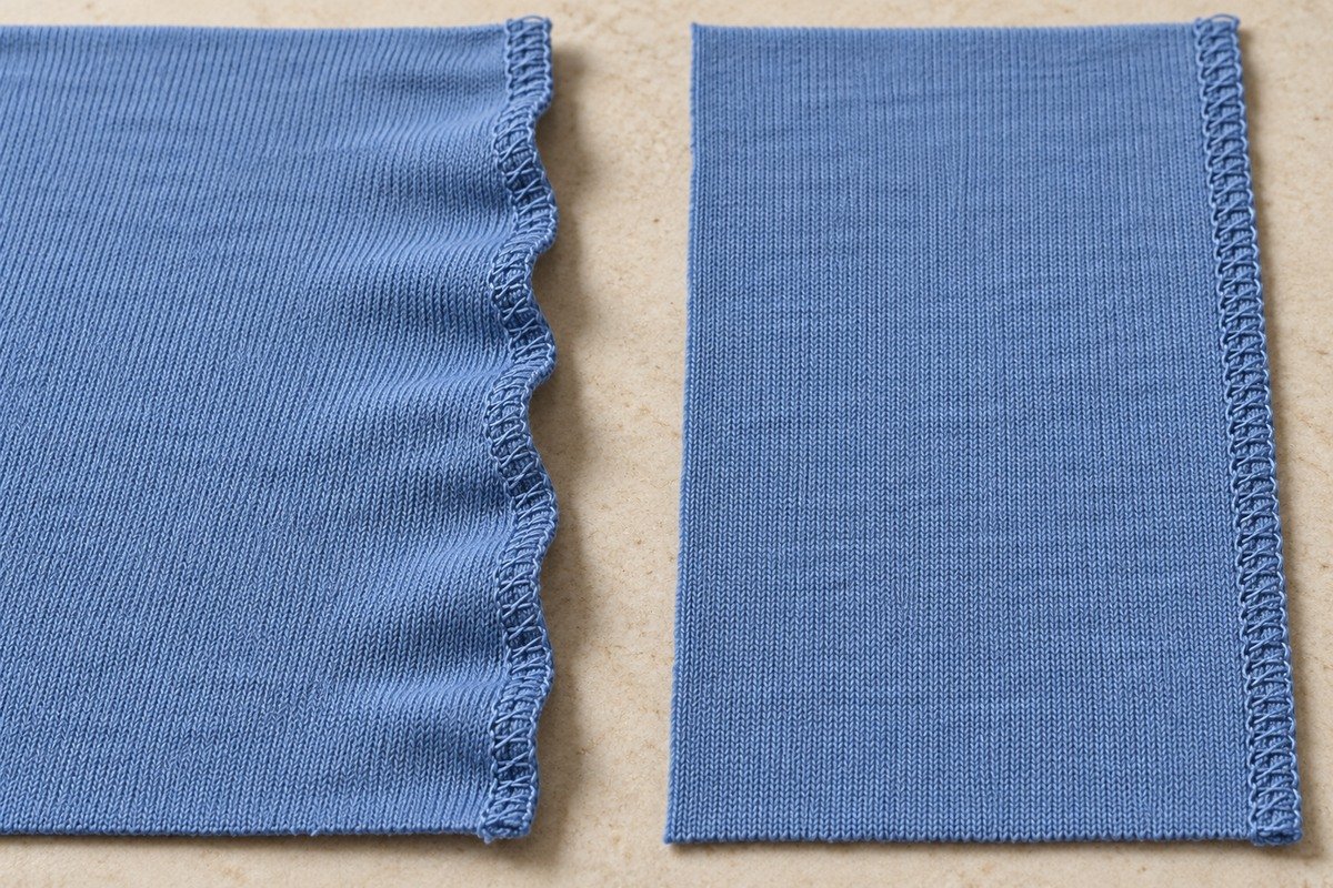 Dos muestras de punto azul: borde cosido con ondas a la izquierda y borde plano a la derecha
