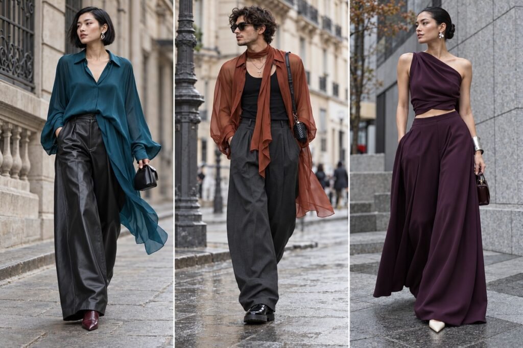 Camisa asimétrica azul petróleo de crepé de China, sobrecamisa cobre de georgette y conjunto berenjena de cady en tres looks urbanos