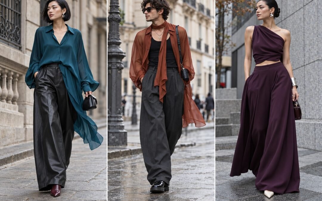 Camisa asimétrica azul petróleo de crepé de China, sobrecamisa cobre de georgette y conjunto berenjena de cady en tres looks urbanos