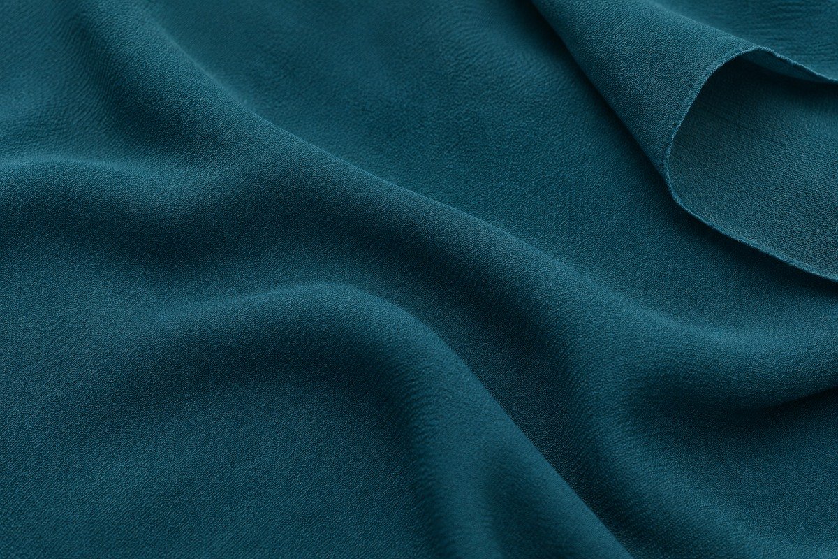 Macro de crepé de China azul petróleo con grano fino, pliegues suaves y una esquina vuelta