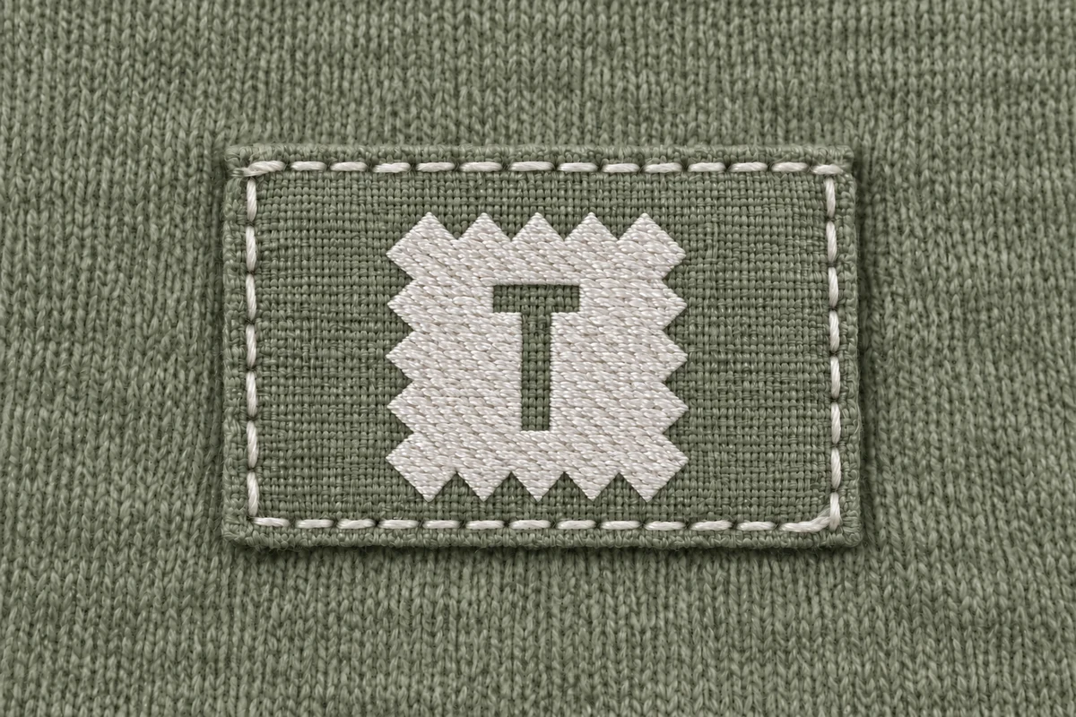 Resultado ilustrativo de un baño reactivo: fondo de algodón y prenda verde oliva con logo de poliéster blanco