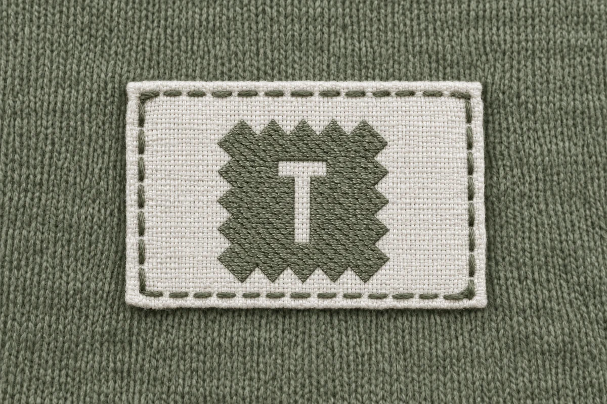 Resultado ilustrativo con composición invertida: fondo de poliéster blanco y logo de algodón verde oliva y costura de algodón verde oliva, sobre prenda de algodón teñida