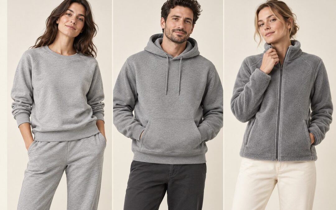 Tres propuestas sobre personas: conjunto gris de French terry, sudadera con capucha de felpa perchada y chaqueta de polar
