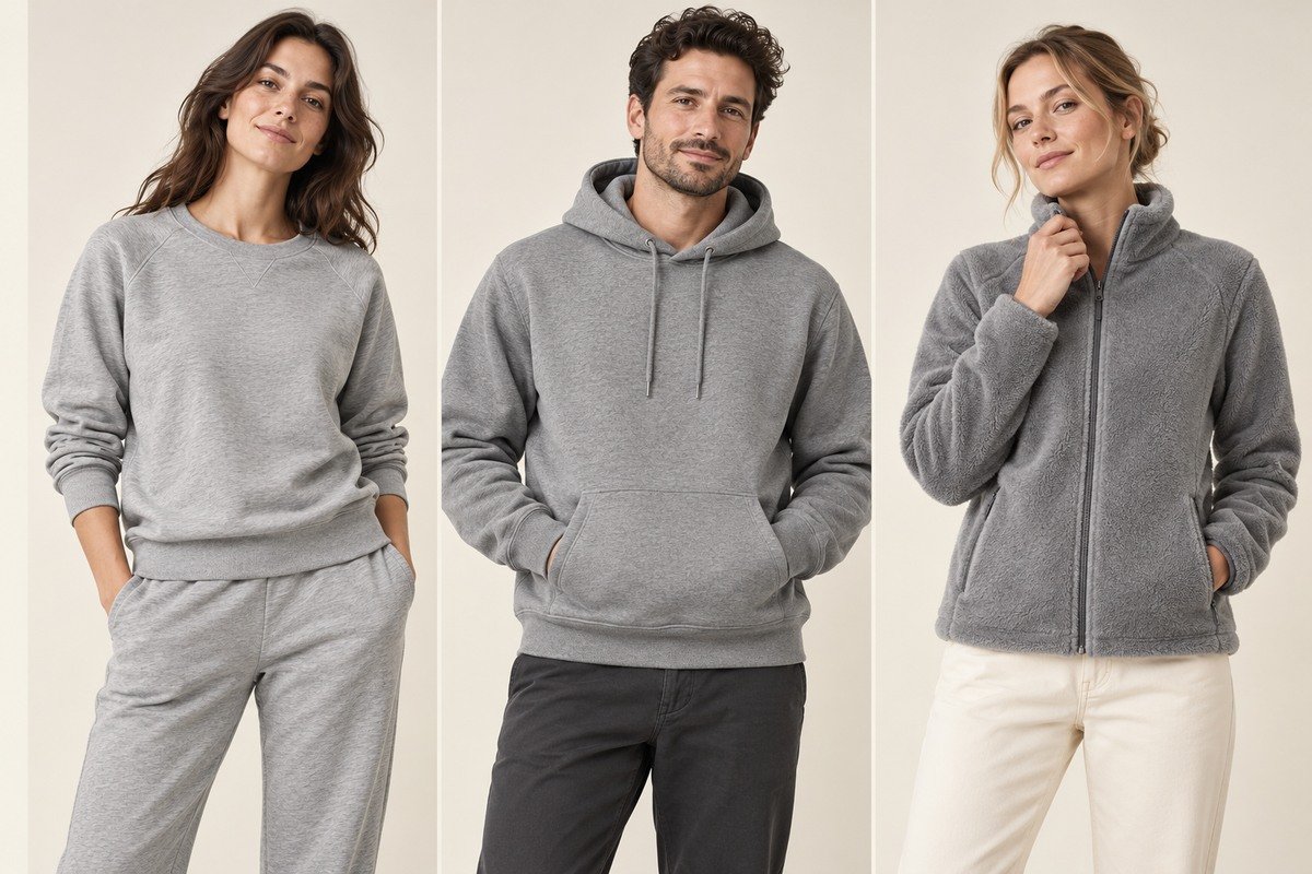 Tres propuestas sobre personas: conjunto gris de French terry, sudadera con capucha de felpa perchada y chaqueta de polar