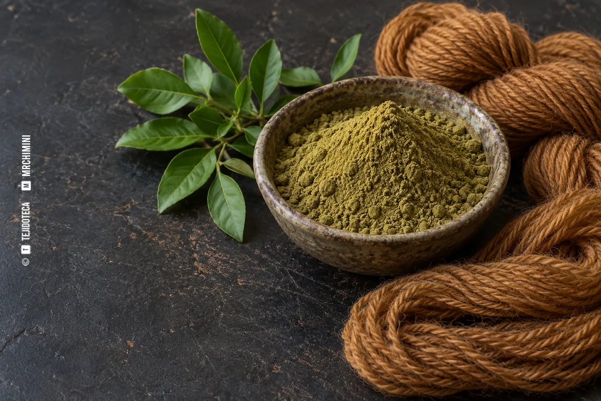 HENNA O ALHEÑA · TEJIDOTECA Polvo de henna y muestra de lana marrón — TEJIDOTECA