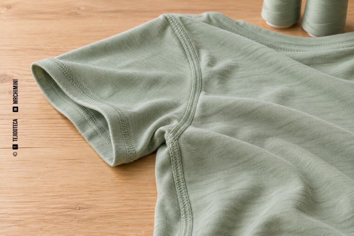 Interior de una camiseta verde salvia con una costura sobrehilada en hilo del mismo tono