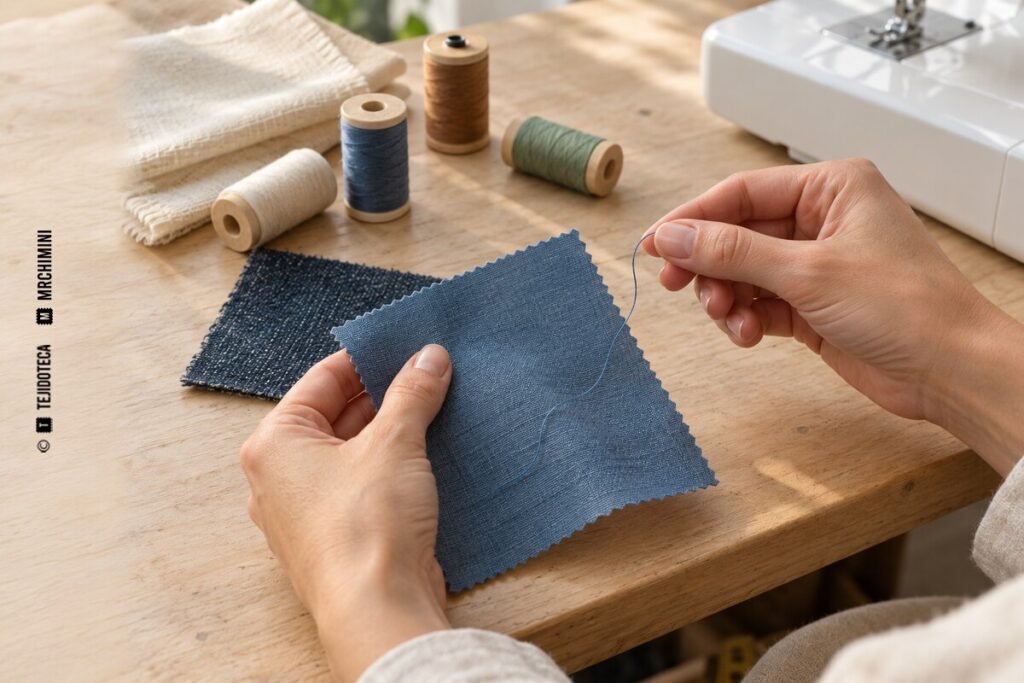 Manos comparando un hilo azul con una muestra de tela junto a varias bobinas de coser