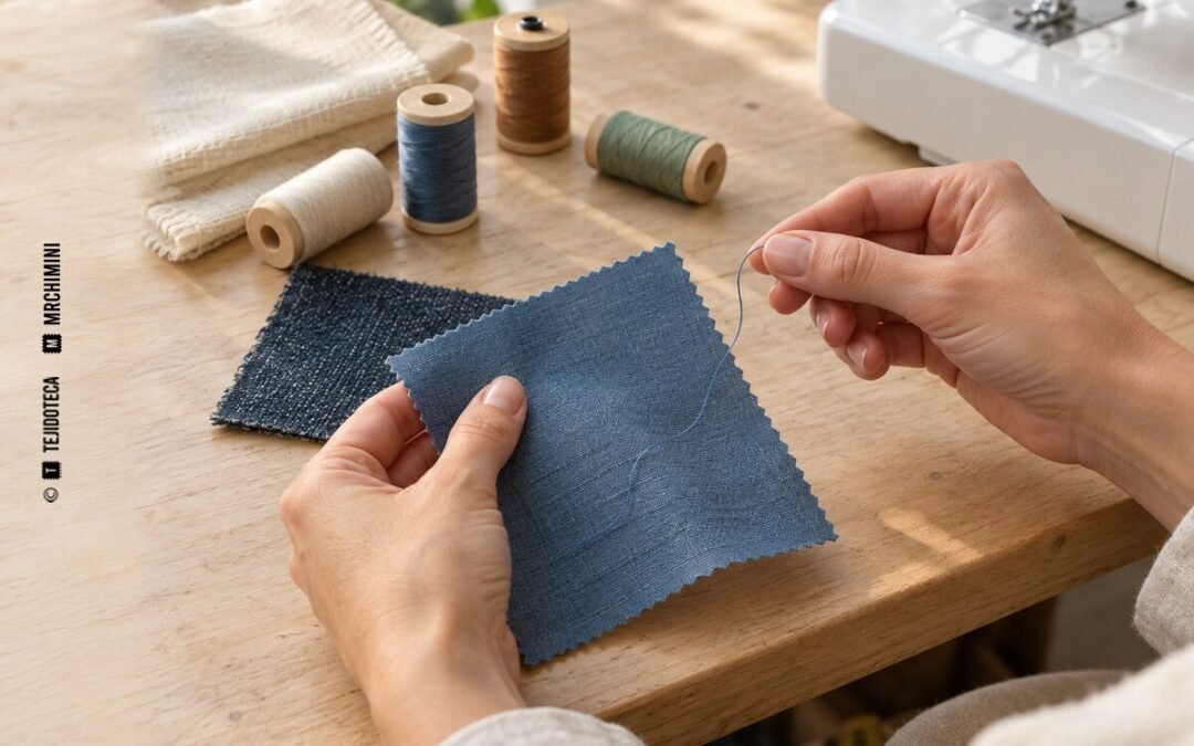 Manos comparando un hilo azul con una muestra de tela junto a varias bobinas de coser