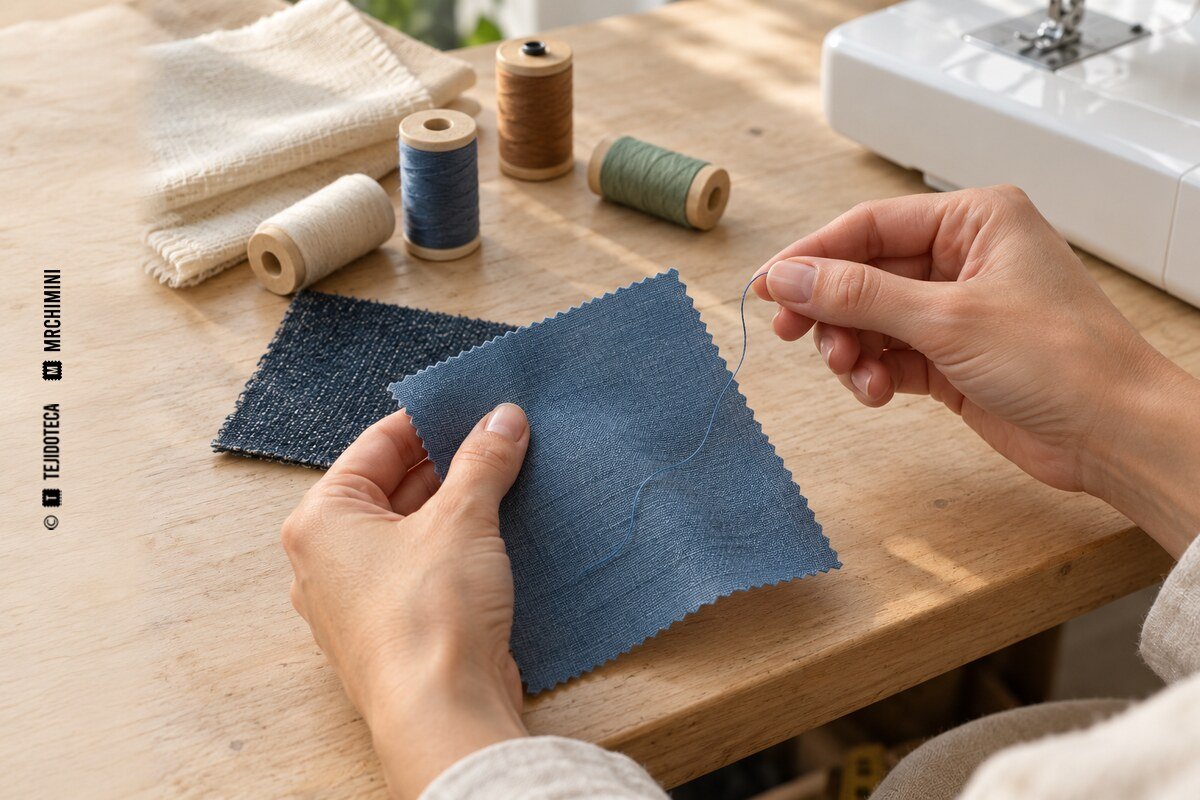 Manos comparando un hilo azul con una muestra de tela junto a varias bobinas de coser