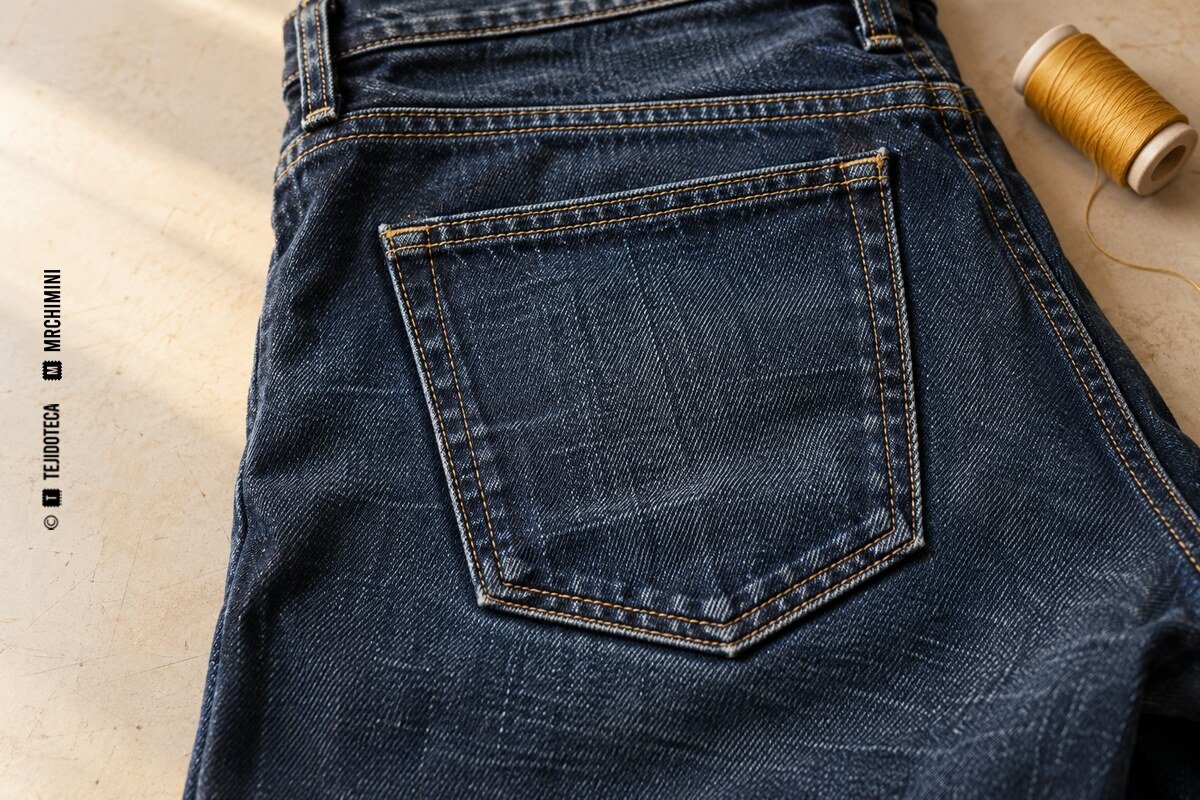 Detalle de un bolsillo vaquero con pespuntes de hilo ocre sobre denim índigo