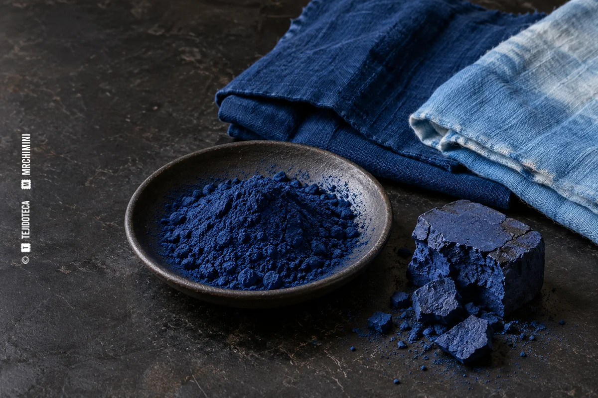 Pigmento de índigo natural y muestras de algodón azul — TEJIDOTECA