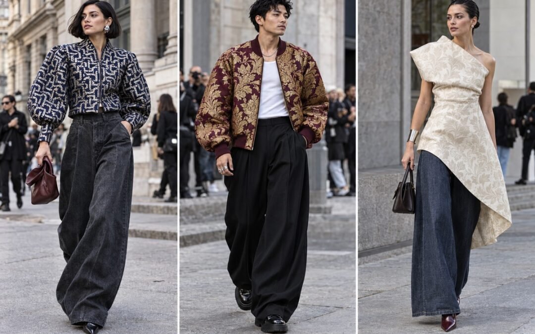Cazadora corta de jacquard geométrico, bomber de brocado burdeos y oro y top asimétrico de damasco marfil en tres looks urbanos