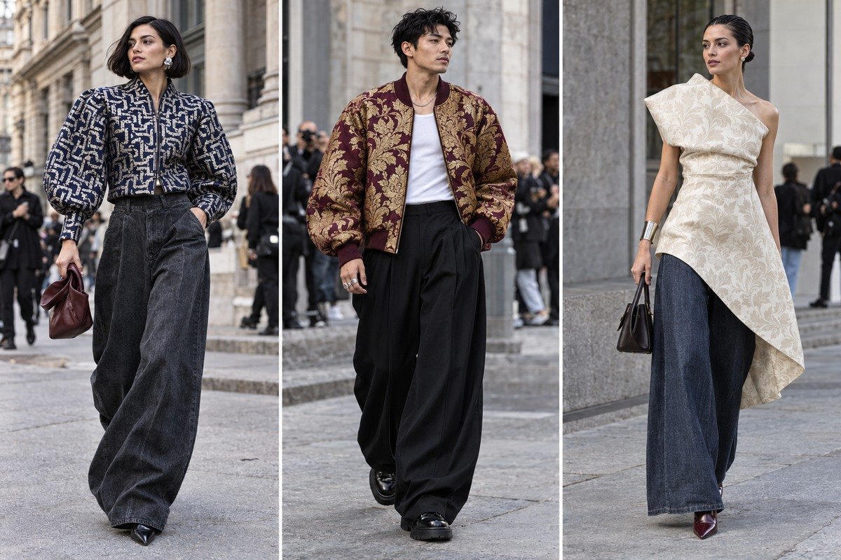 Cazadora corta de jacquard geométrico, bomber de brocado burdeos y oro y top asimétrico de damasco marfil en tres looks urbanos