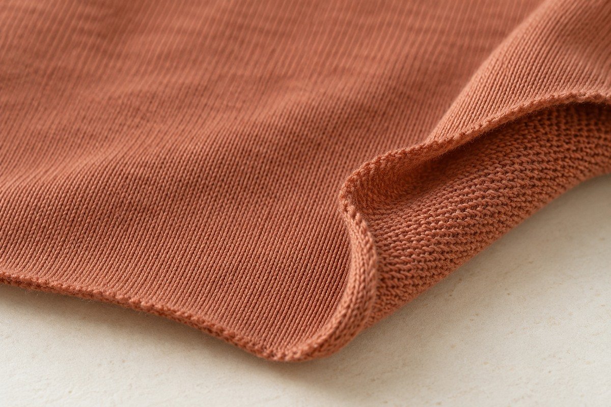 Macro de punto jersey terracota con borde sin coser enrollado y reverso visible