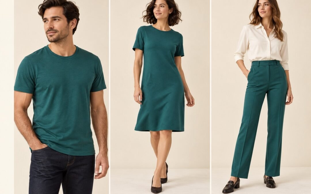 Tres propuestas en verde petróleo: camiseta de punto jersey, vestido de interlock y pantalón de punto Roma, sobre personas
