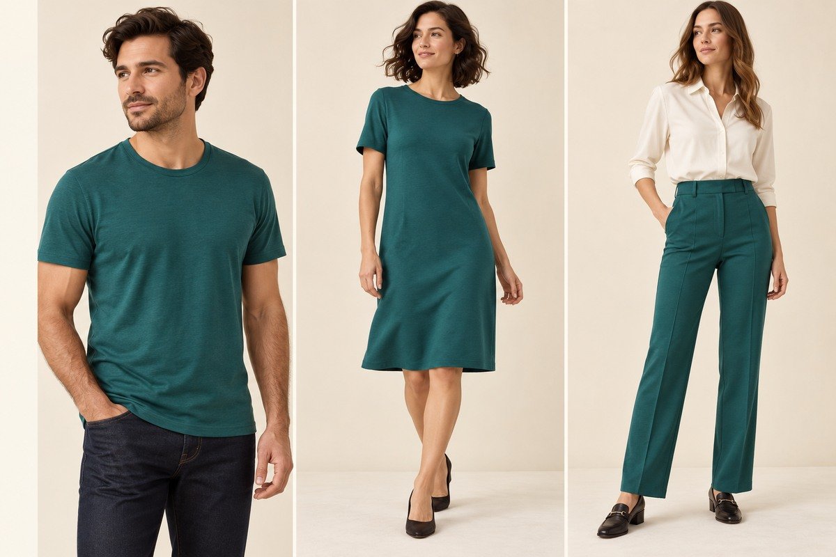 Tres propuestas en verde petróleo: camiseta de punto jersey, vestido de interlock y pantalón de punto Roma, sobre personas