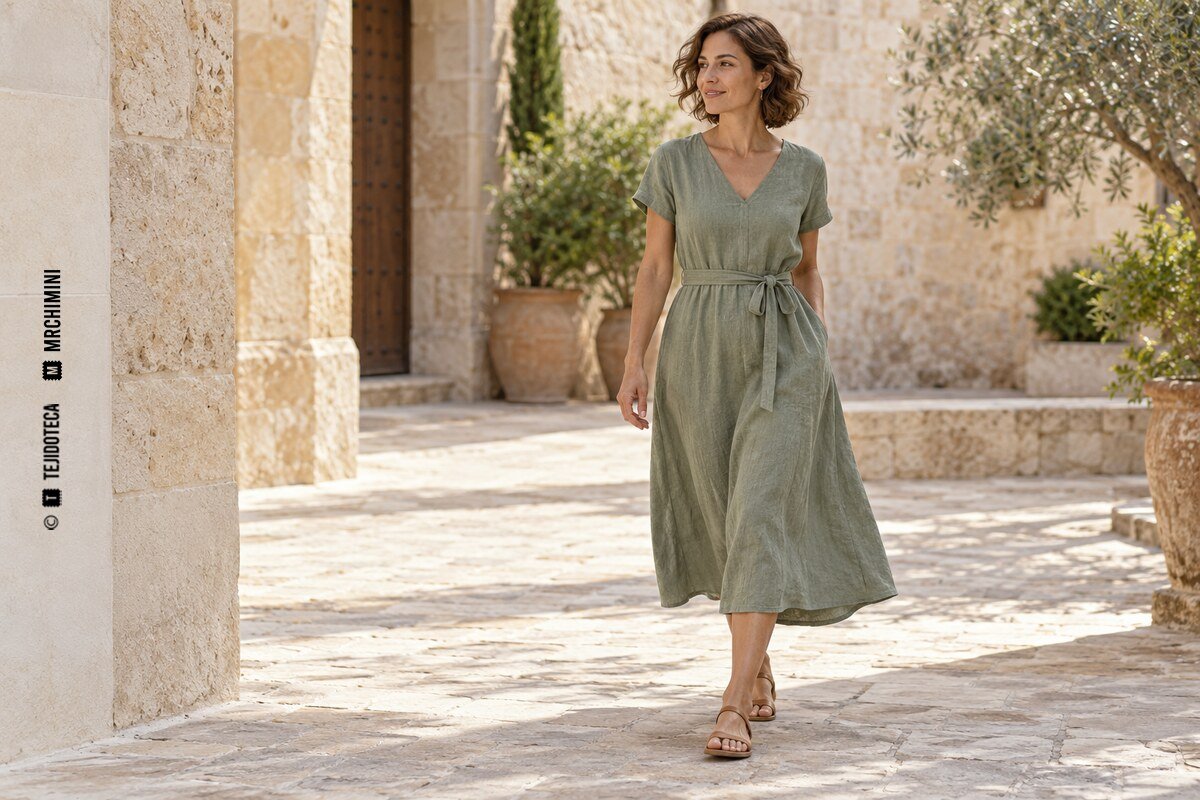 Ejemplo de vestido midi verde salvia con cinturón y arrugas naturales para ilustrar el lino lavado