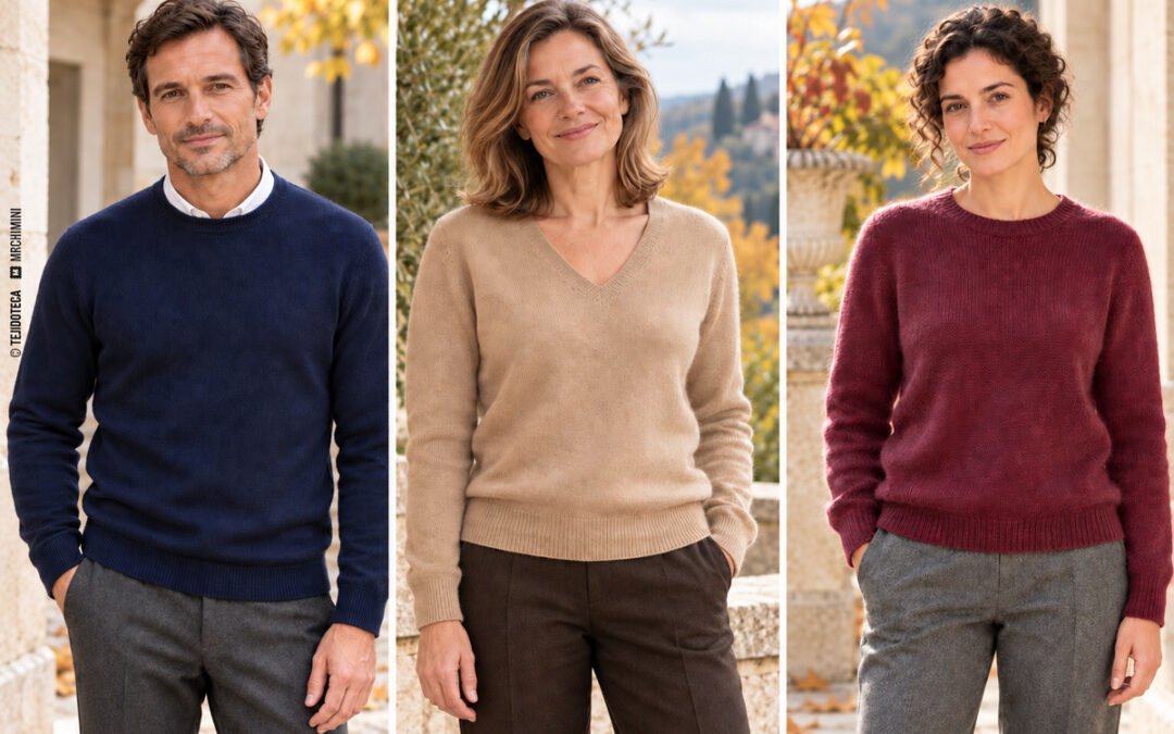 Tres propuestas de jersey: lana merina azul marino, cachemira camel y alpaca burdeos
