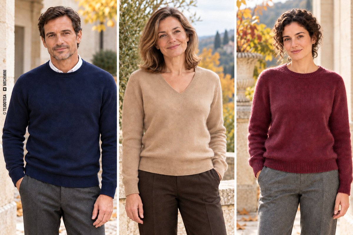 Tres propuestas de jersey: lana merina azul marino, cachemira camel y alpaca burdeos