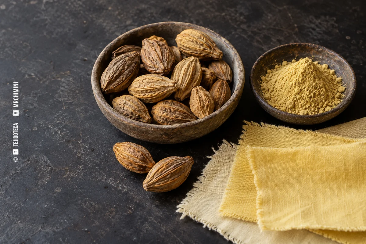 MIROBÁLANO · TEJIDOTECA Frutos secos y polvo de mirobálano con muestras textiles amarillas — TEJIDOTECA