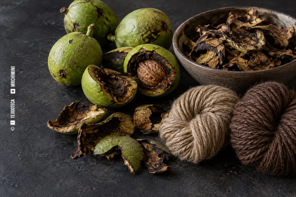 NOGAL · TEJIDOTECA Envolturas verdes y secas de nueces con muestras de lana marrón — TEJIDOTECA