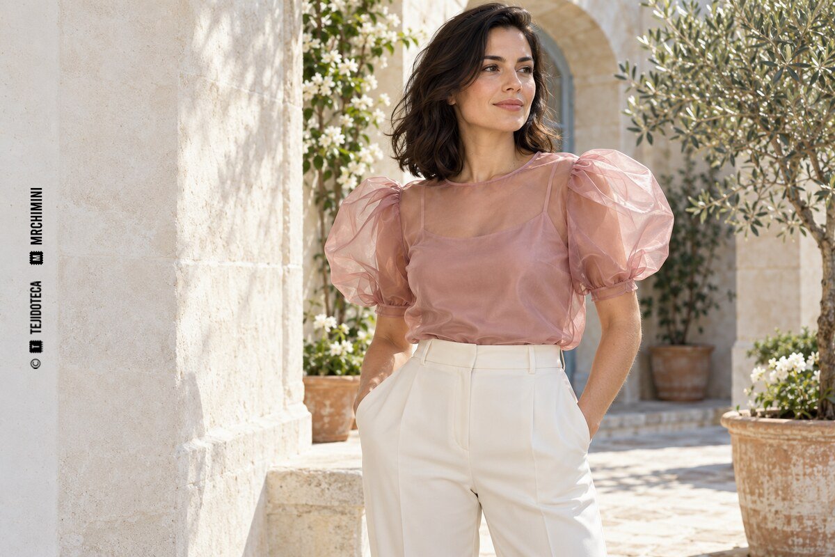 Ejemplo de blusa rosa empolvado con mangas de organza abullonadas y cuerpo forrado
