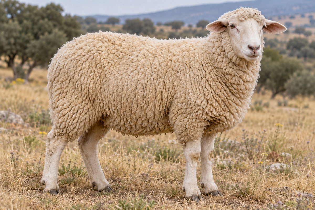 Oveja merina de vellón claro en un pastizal