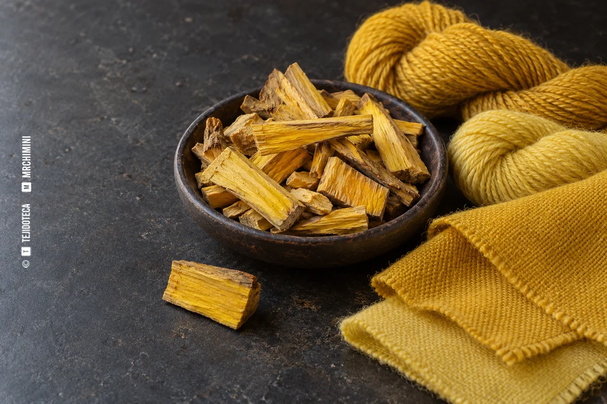 Astillas de palo amarillo y muestras de lana dorada — TEJIDOTECA