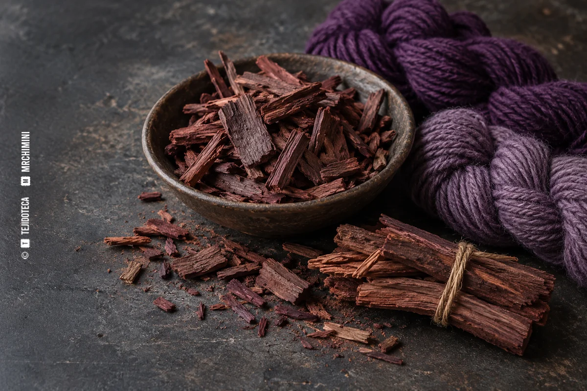Astillas de palo de campeche y muestras de lana violeta — TEJIDOTECA